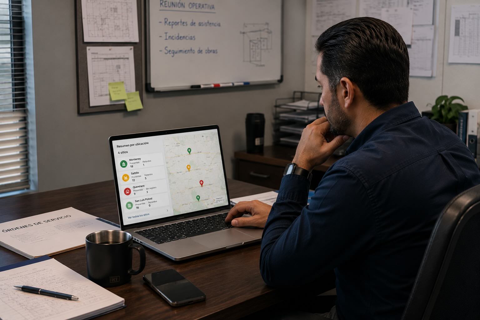 Gerente revisando asistencia por sucursal, obra y cliente
