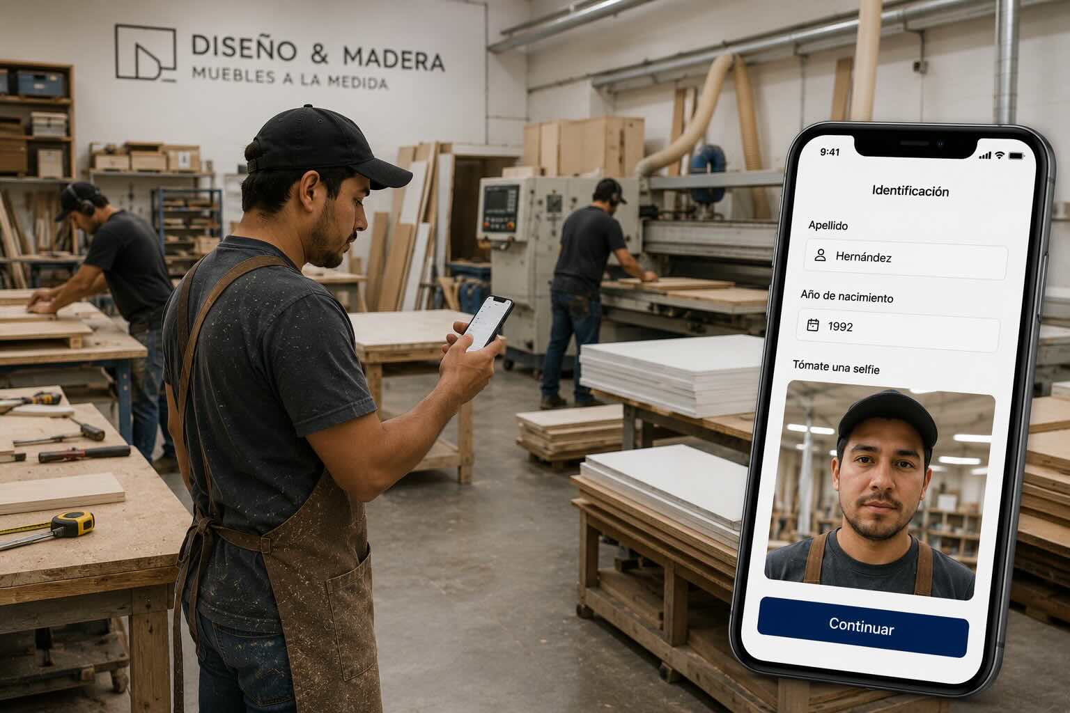 Empleado identificándose desde su celular para registrar asistencia
