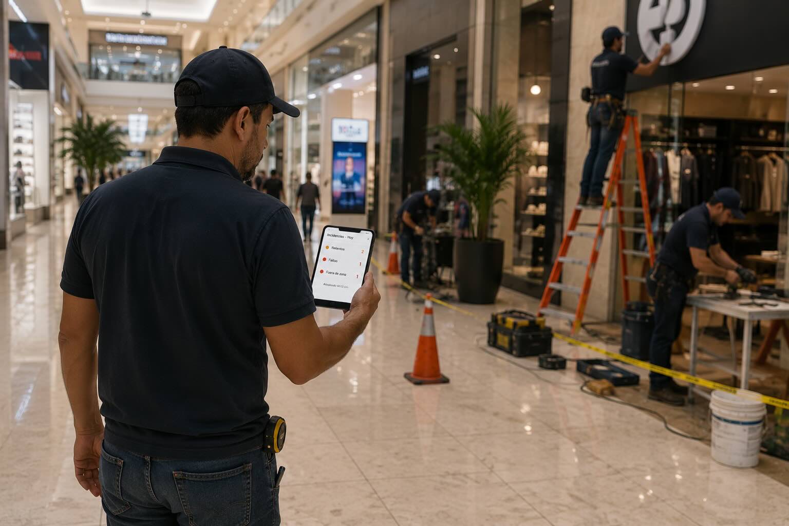 Supervisor de construcción revisando incidencias de asistencia en tablet