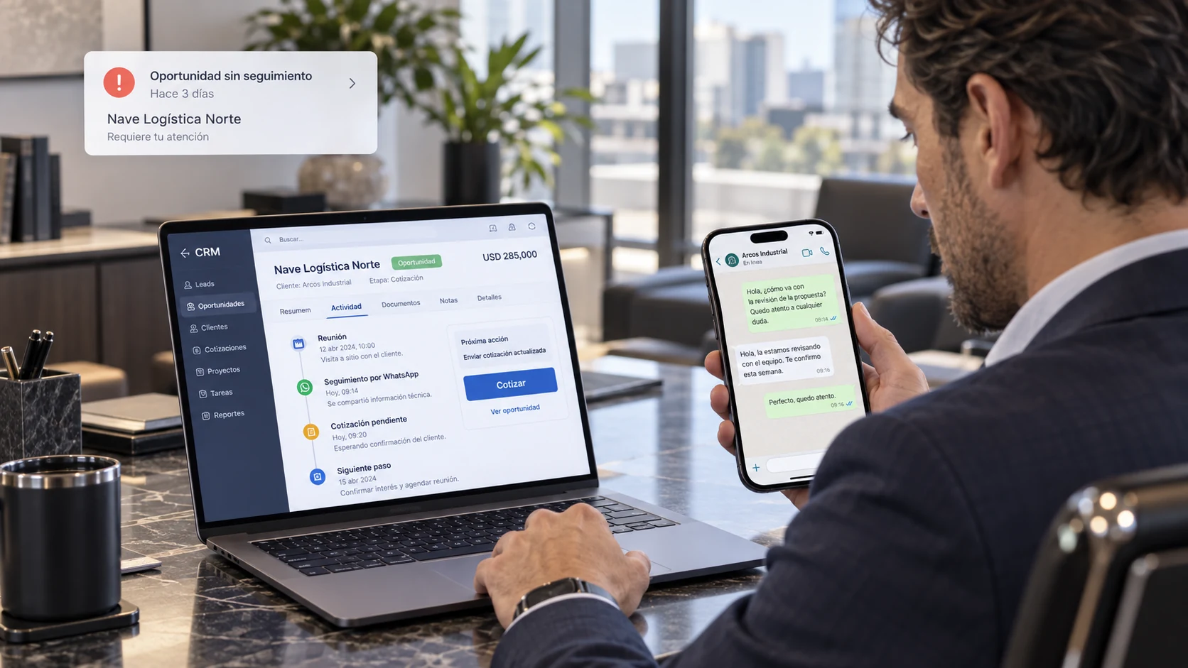 Seguimiento comercial por WhatsApp registrado en CRM