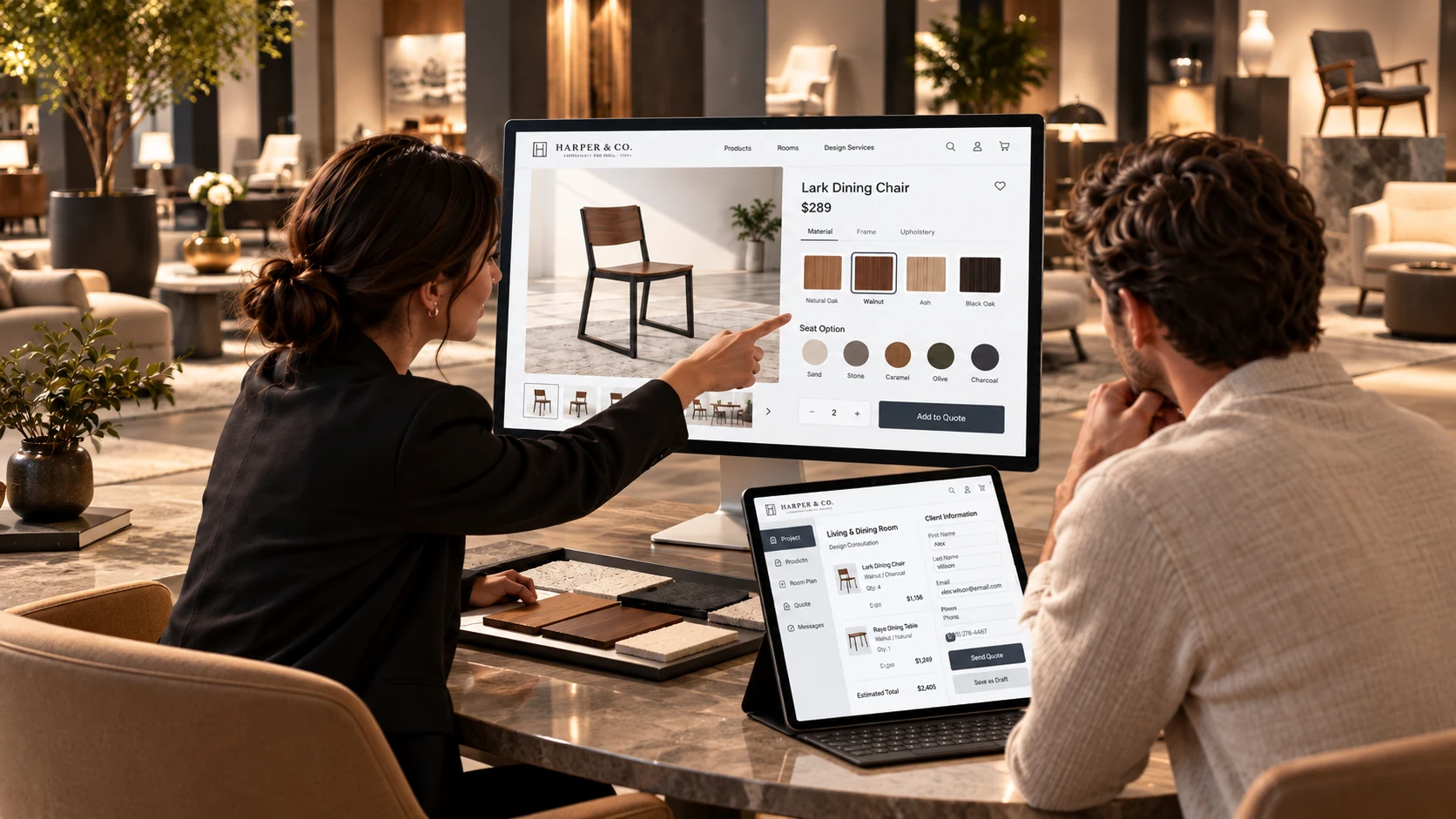 Furniture consultation in a modern showroom, illustrative photography