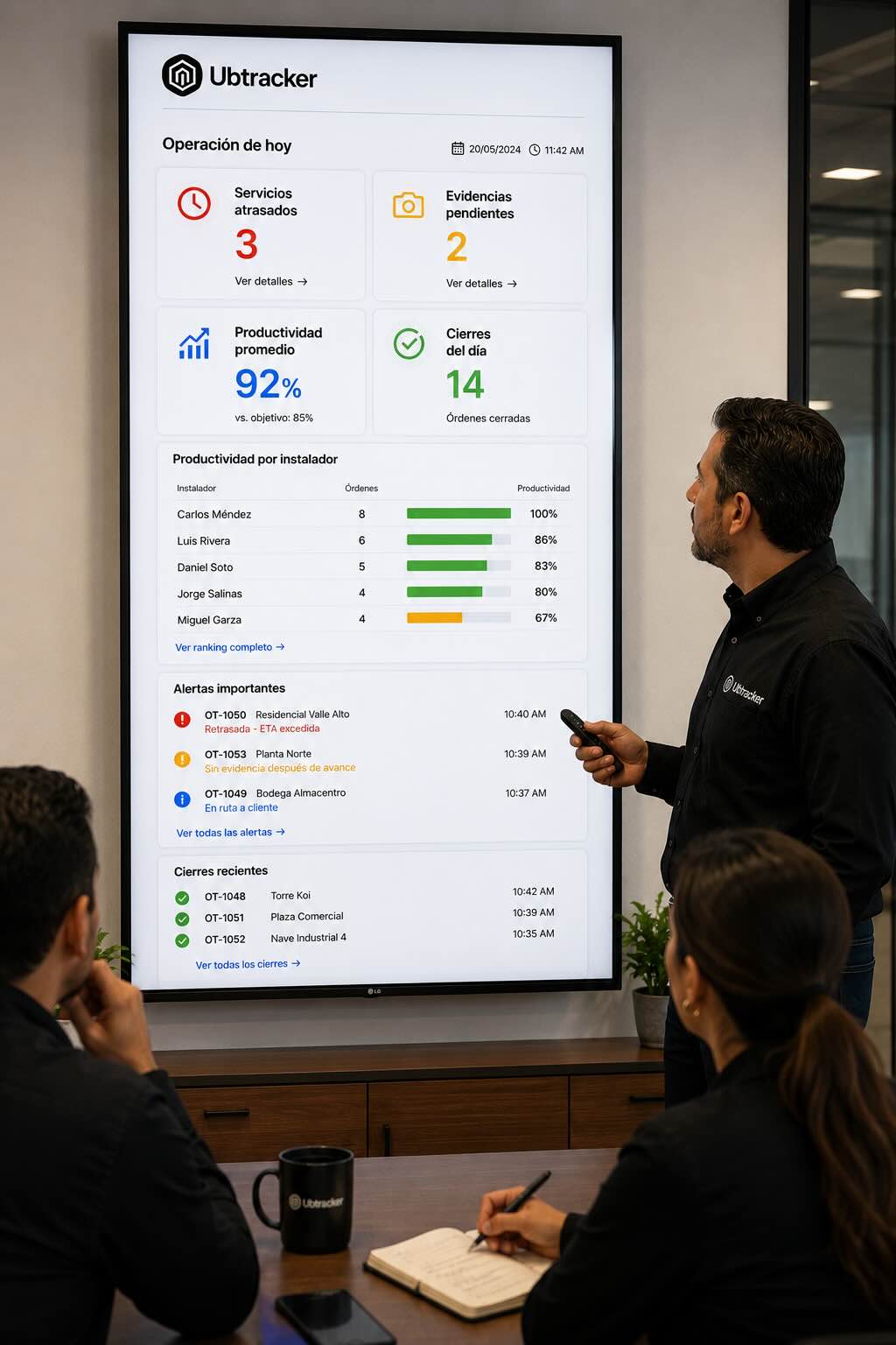 Gerencia revisando control de órdenes de trabajo e instalaciones