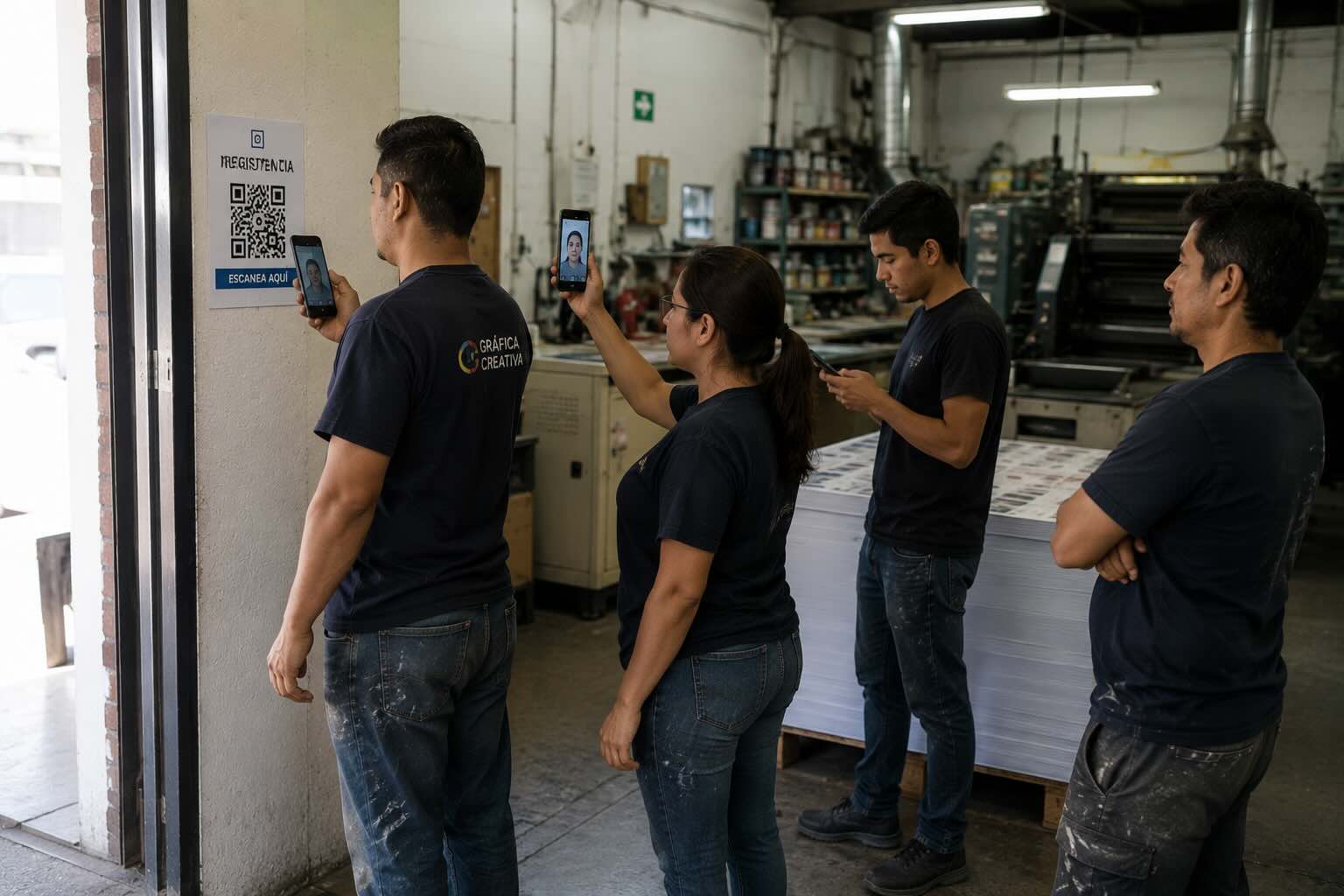 Empleado registrando asistencia con QR, ubicación y selfie en UBTracker