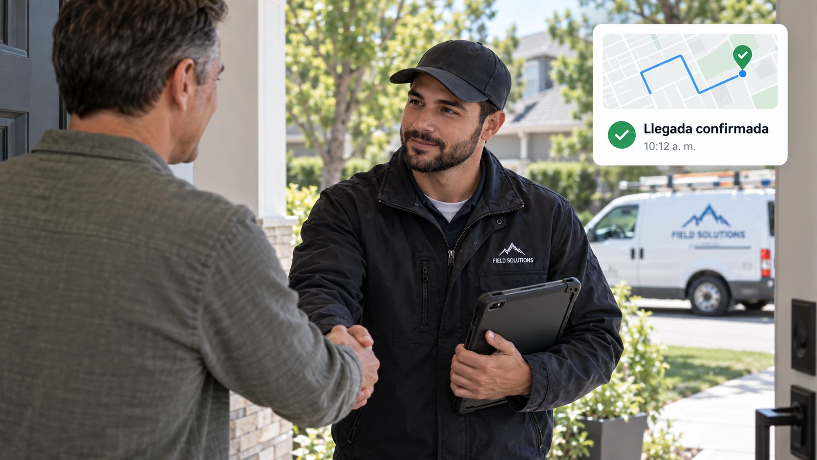 Técnico llegando con el cliente y confirmando la ubicación desde una tablet.