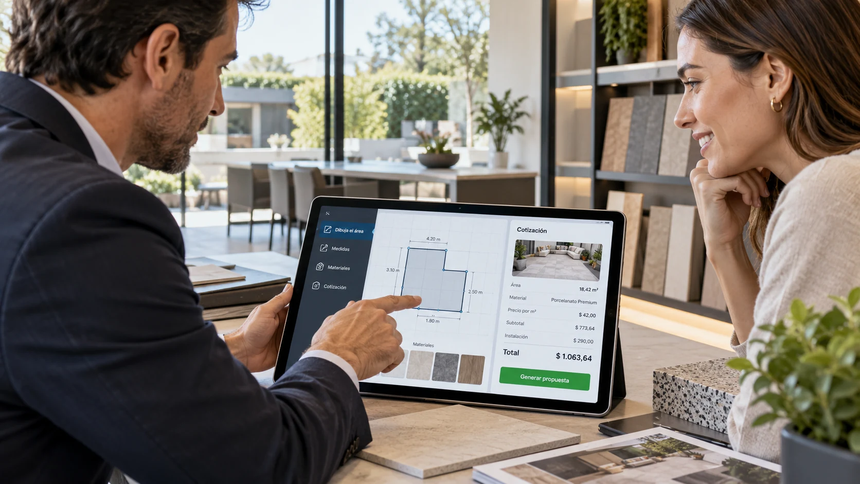 Vendedor configurando y cotizando una solución junto al cliente en una tablet