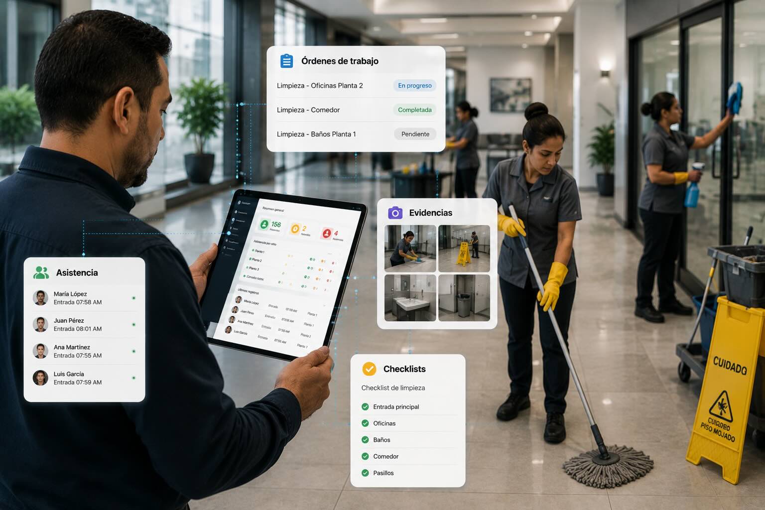 Gerente revisando asistencia, evidencias y control operativo en UBTracker