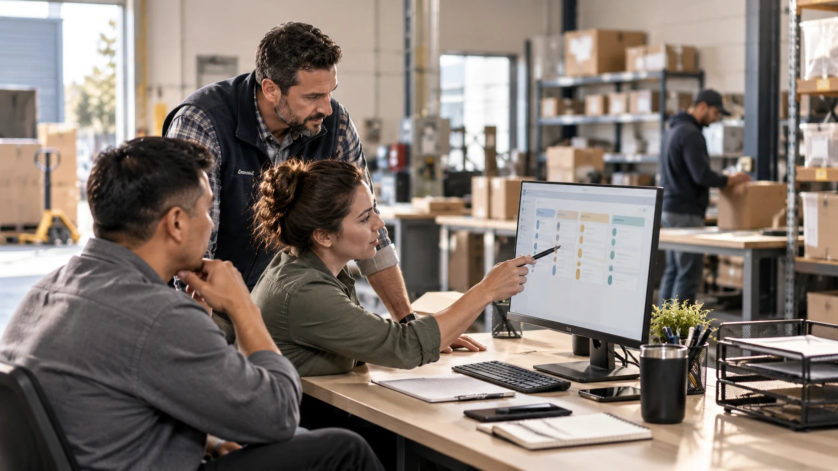 Operations team collaborating around a computer in a warehouse office