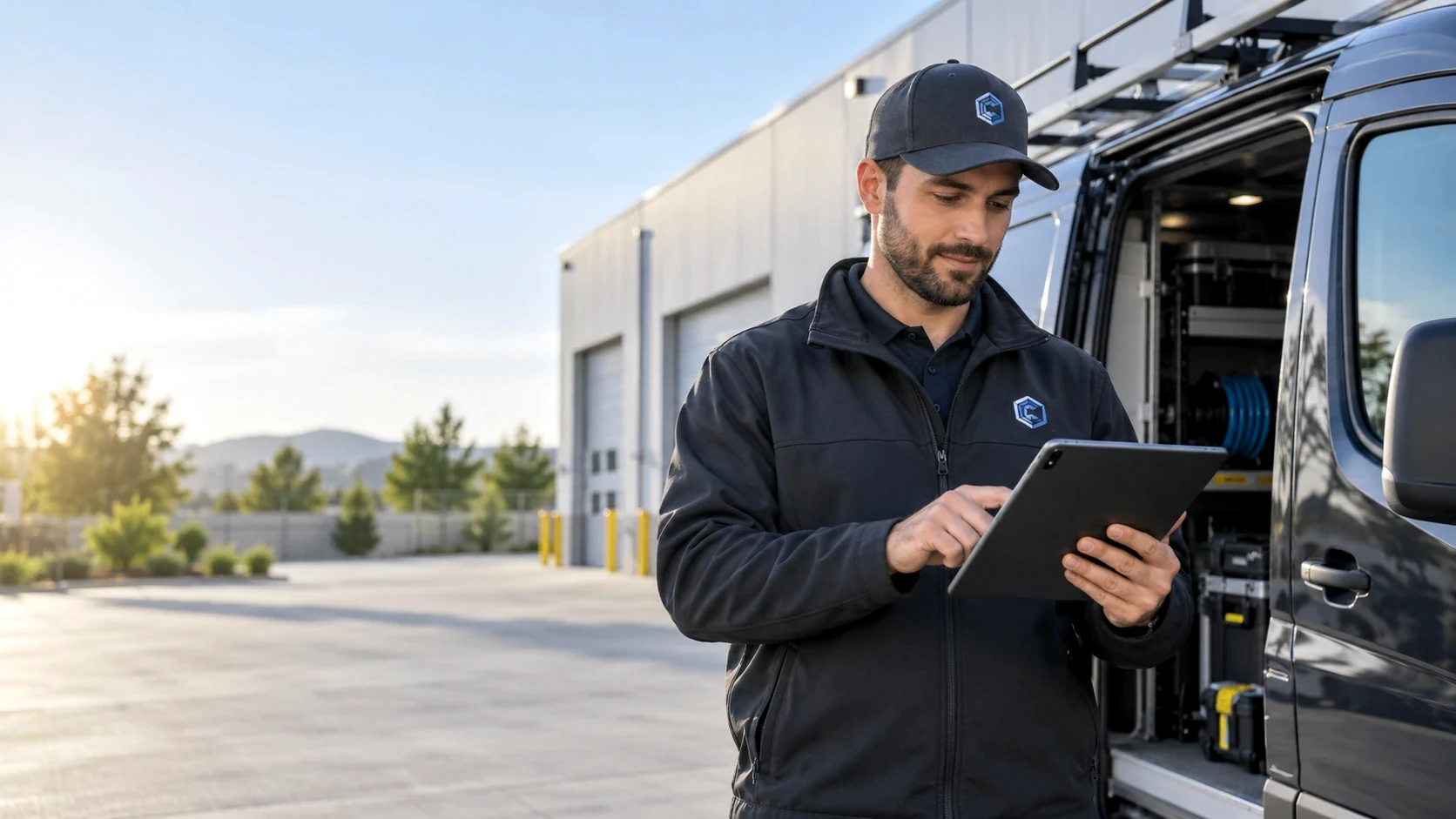 Service technician beside a work van preparing for a field visit