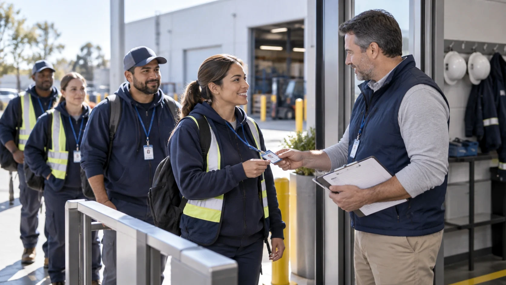 Employees checking in at the entrance of a commercial workplace