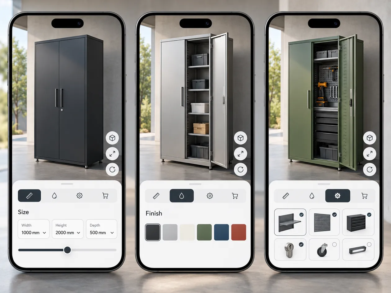 Concept illustration of a 3D product configurator in three mobile views