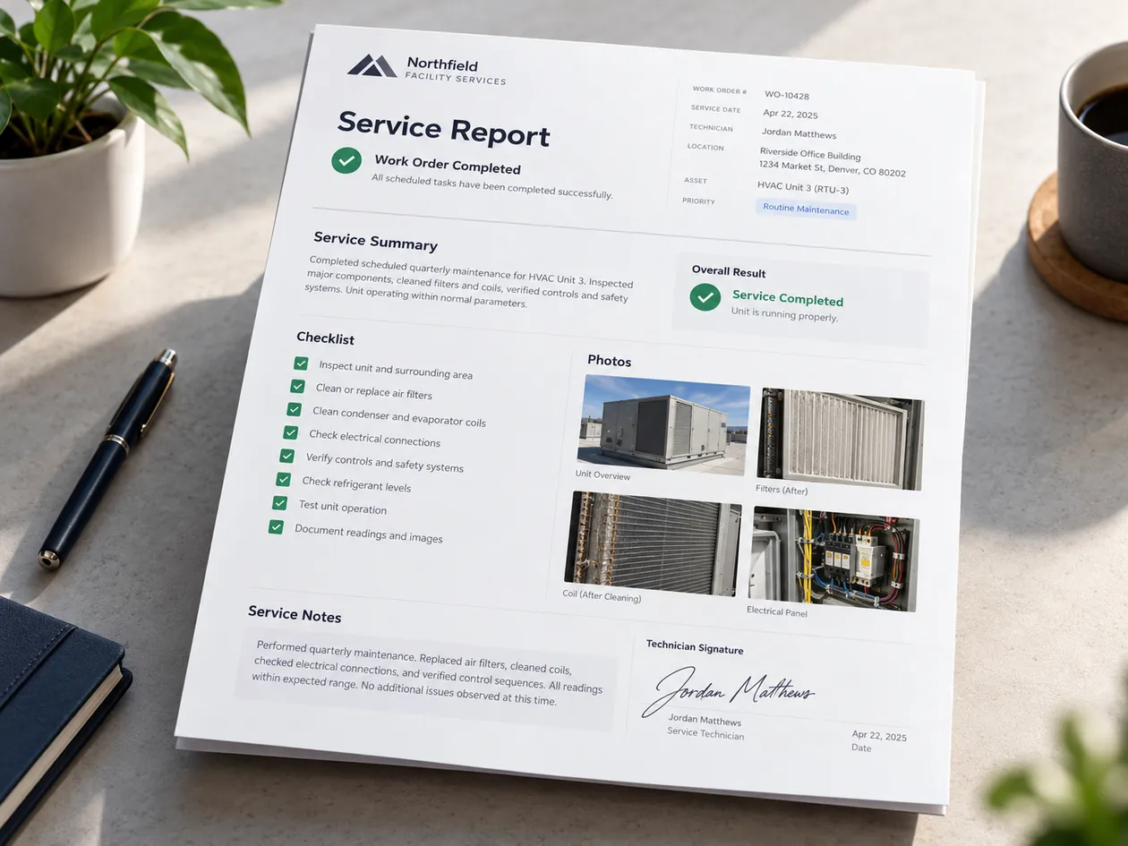 Illustrative service report with a completed work order checklist and equipment photographs