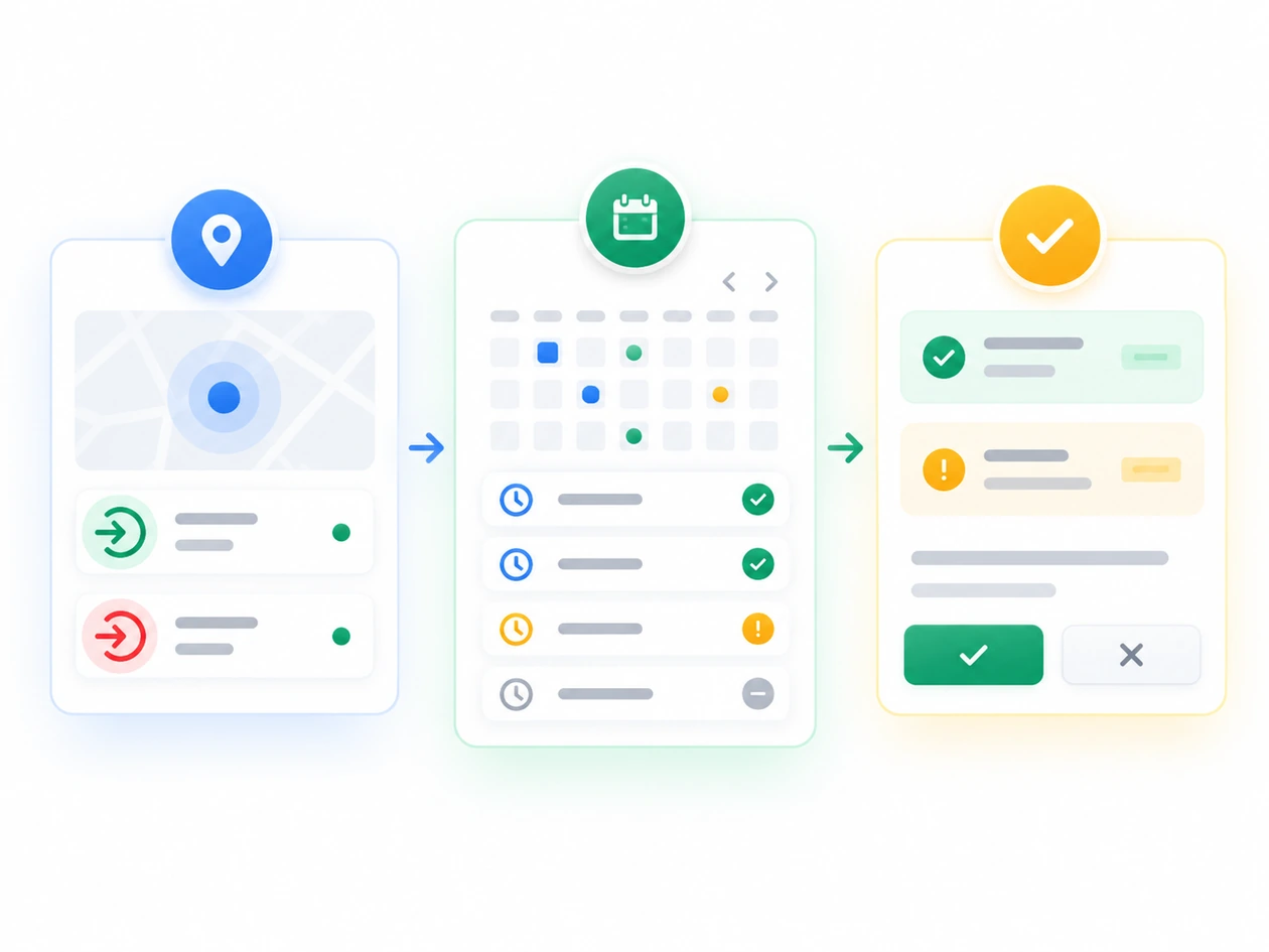 Icon-based attendance process from check-in to schedule comparison and HR resolution without cartoon people