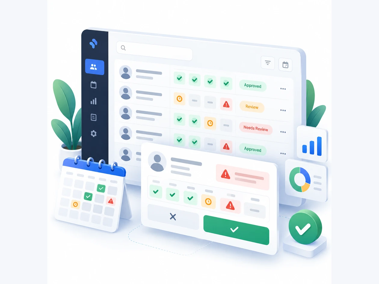 Icon-based visual concept of an attendance approval and exception dashboard